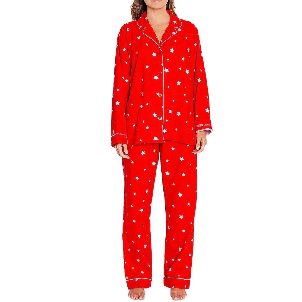 PJ Salvage Star Print Pajama Top XL Red Cotton Long Sleeve Button Down